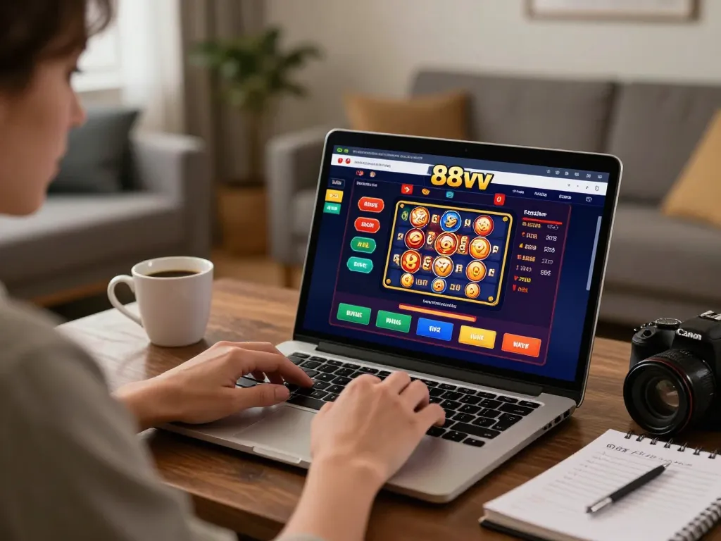 Engaging online gaming experience at 88vv with player using laptop for casino games, showcasing responsible gambling.