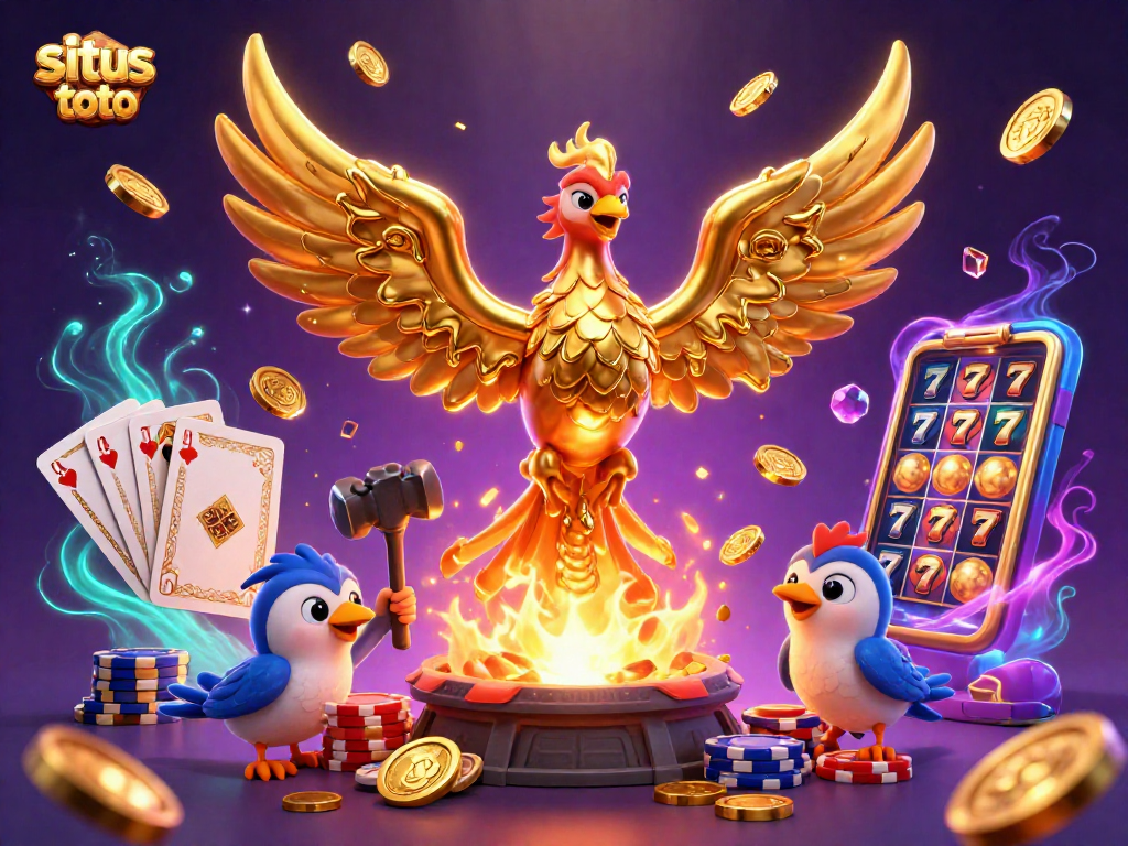Experience situs toto's thrilling slots with 3D-rendered golden phoenix and vibrant casino elements.