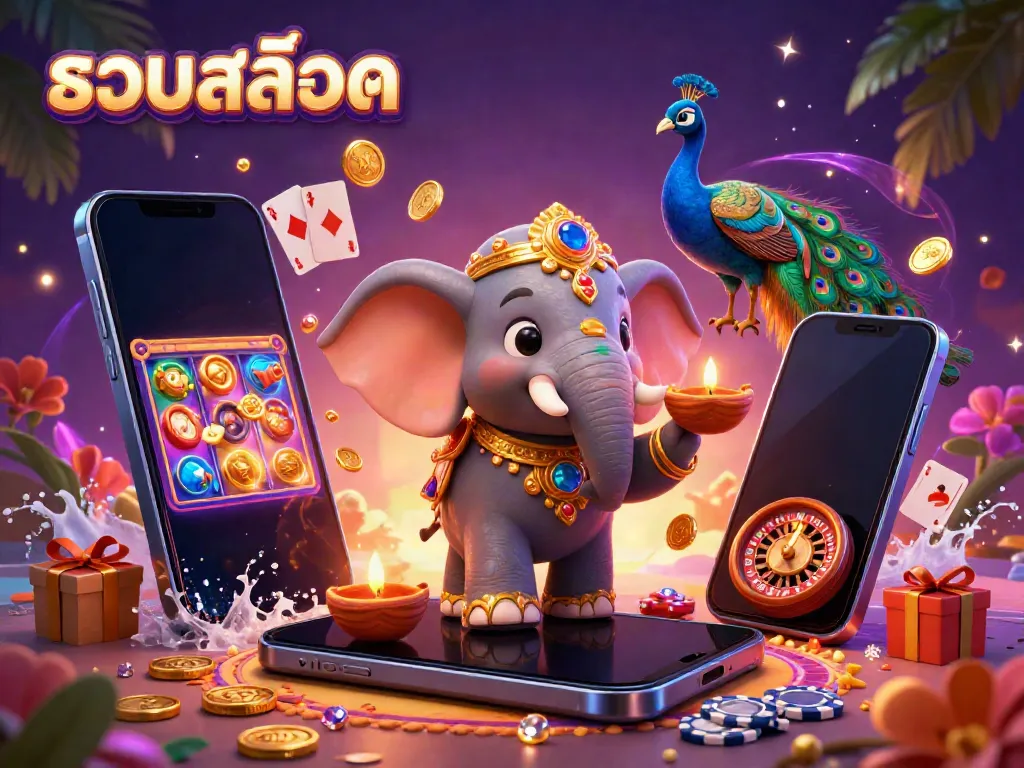 Engage in รวมสล็อต action with a vibrant elephant, peacock, and dynamic slot game elements in a colorful scene.