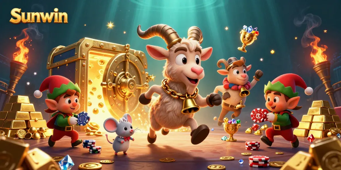 Sunwin casino features Krampus in chains, an angel mouse, and mischievous elves stealing chips in a vibrant gambling scene.