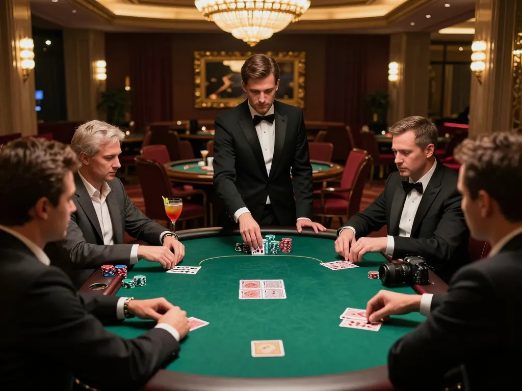 High-stakes poker players strategizing their moves at a tg88 casino table surrounded by luxury decor.