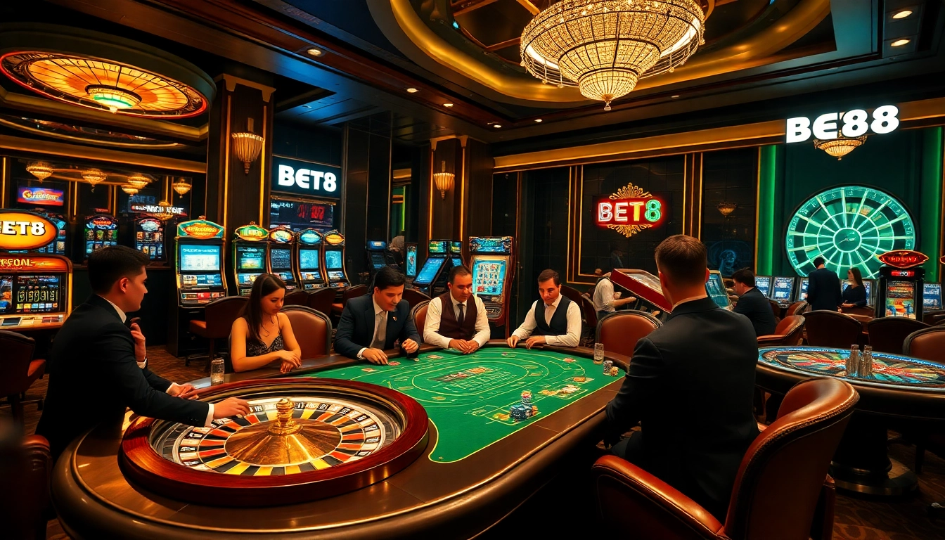 BET88 players enjoying an exciting poker game amidst luxurious casino ambiance.