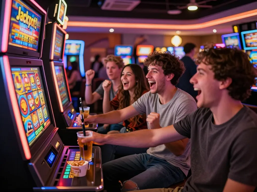 Engaging slot gacor hari ini gaming scene with friends celebrating a jackpot at a vibrant casino.