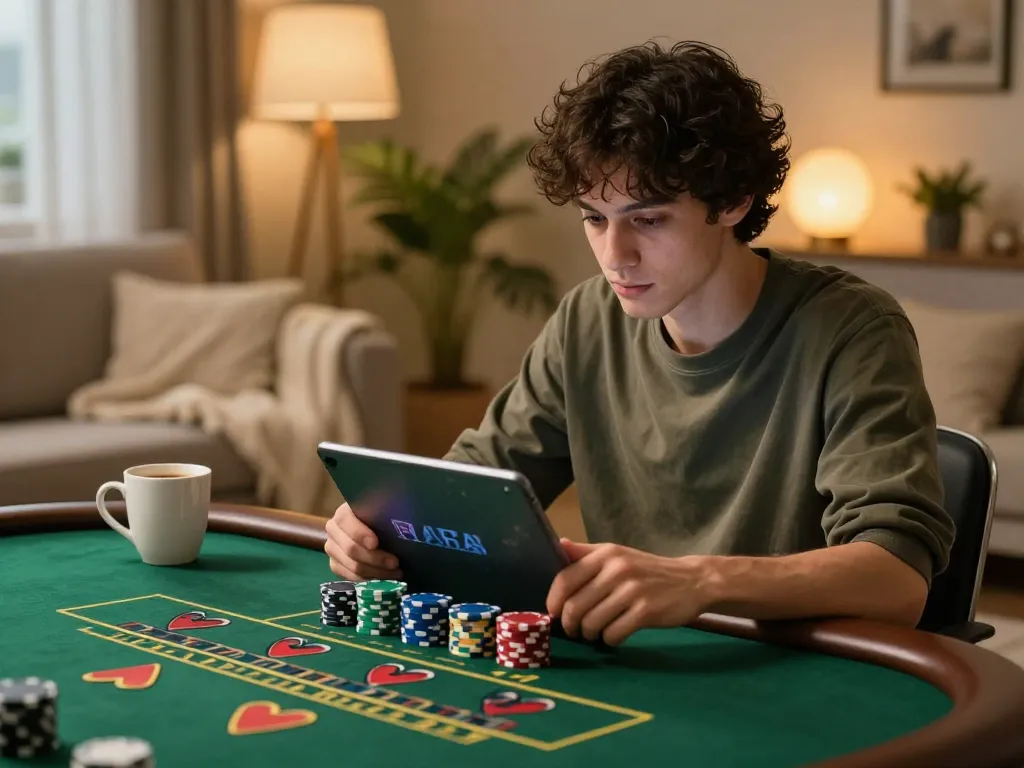 Player enjoying dr88 live dealer baccarat on a tablet with cozy home atmosphere.