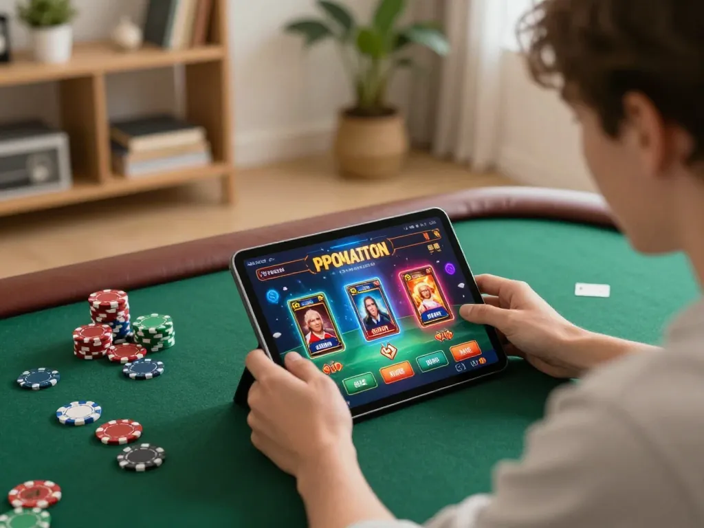 Player enjoying F8BET mobile gaming experience in a cozy home setting, vibrant graphics on screen.