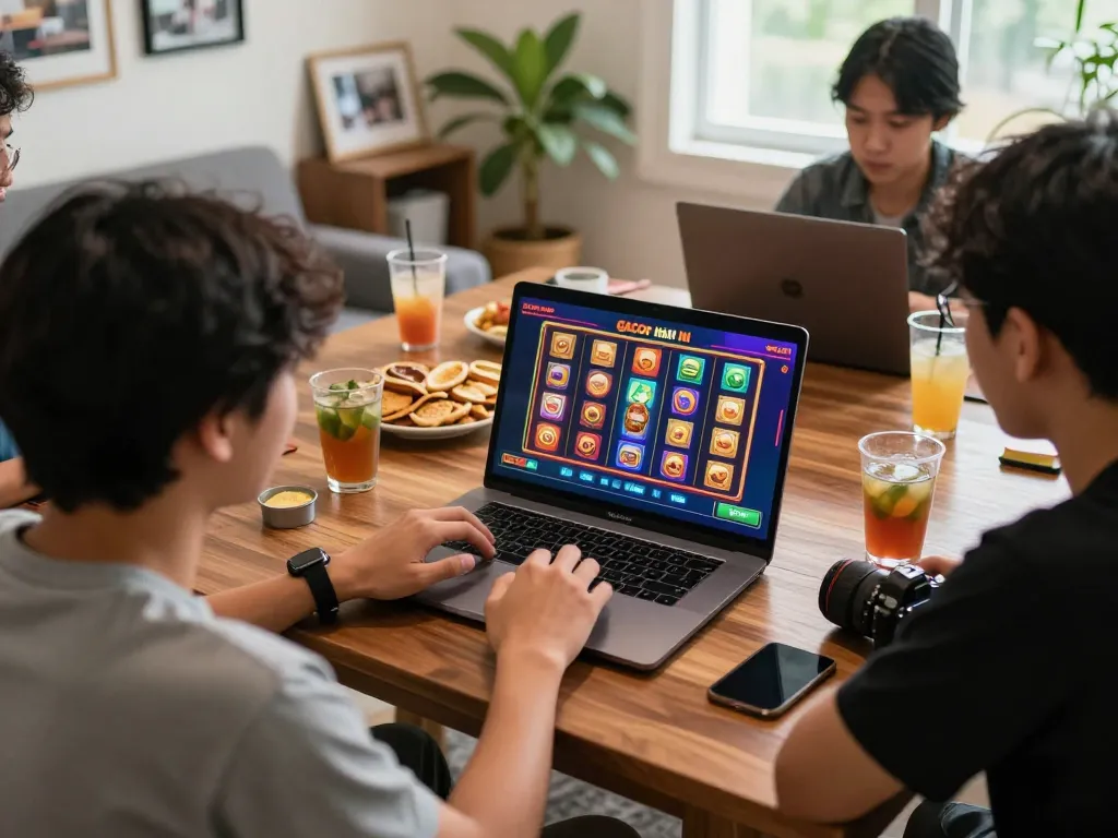 Engaging players enjoy slot gacor hari ini at a vibrant online casino gaming session, highlighting personal space.