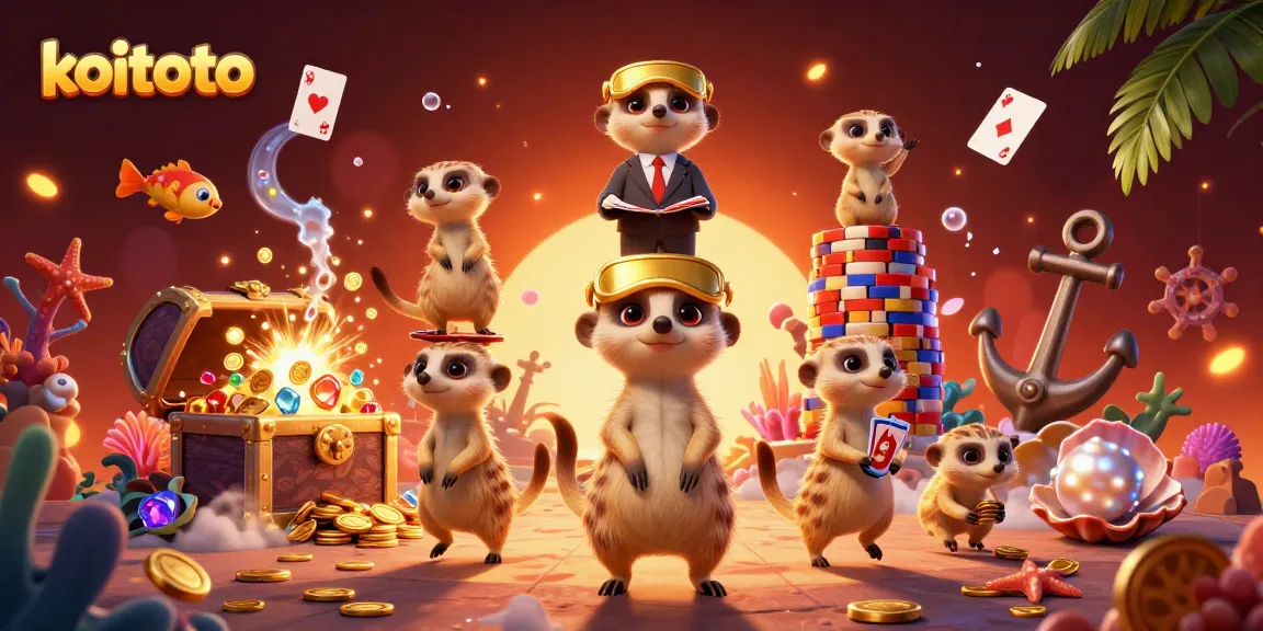 Join the lively koitoto online gaming scene as meerkats deal cards and stack chips amidst treasures.