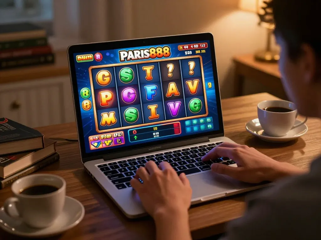 Engaging gameplay on Paris888 slot game, showcasing vibrant reels and excited player interaction in a cozy setting.