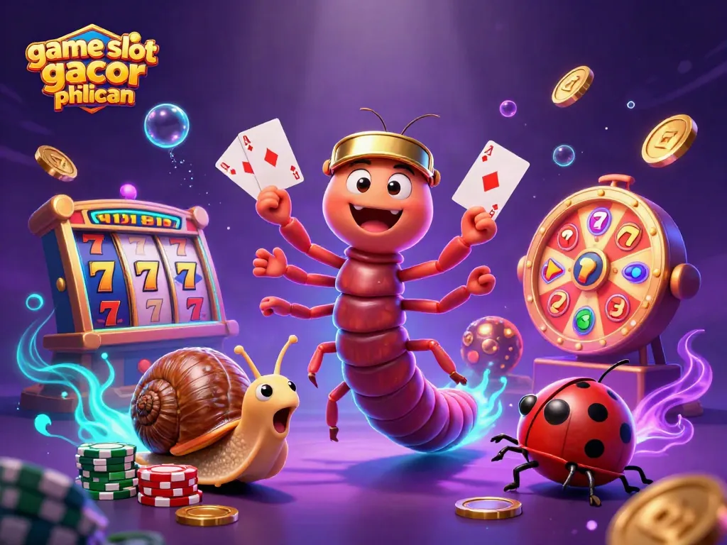 Permainan game slot gacor pilihan yang menggembirakan dengan dealer kartun unik dan komponen slot menarik di latar belakang.