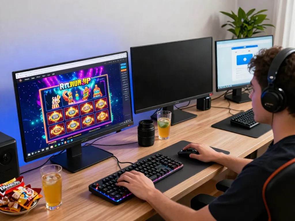 Engaging online gaming experience with AkunJP site on a vibrant desktop setup.