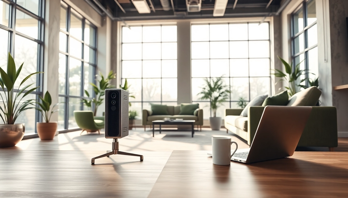 Showcase the AT99 device in a sleek office environment, highlighting modern design and productivity.