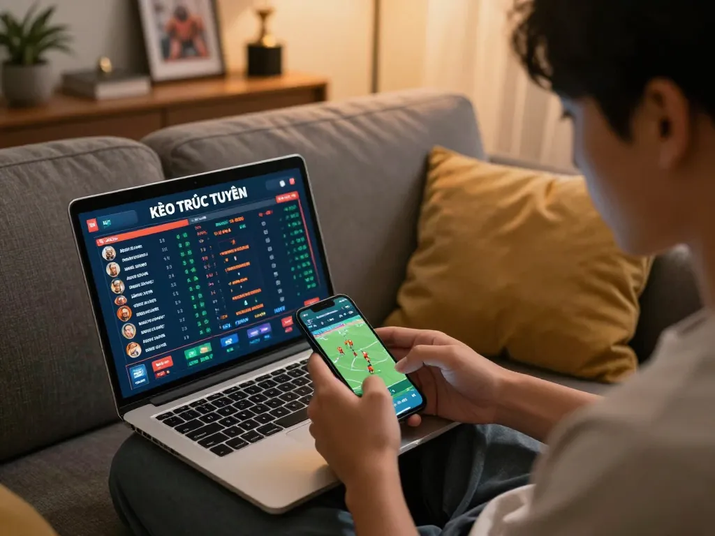 KÈO TRỰC TUYẾN betting on a smartphone, capturing an engaging online sports betting moment.