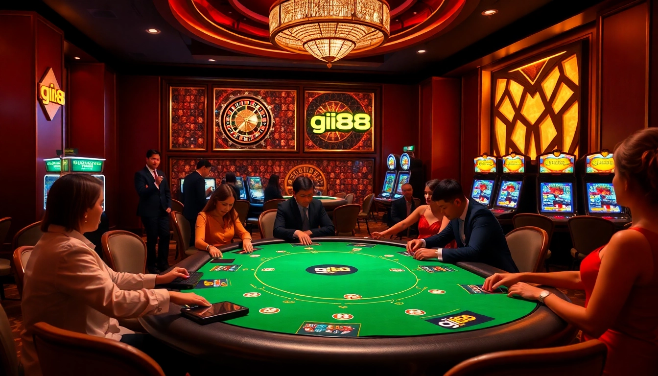 gi88 players enjoying a high-stakes poker game in an upscale casino atmosphere