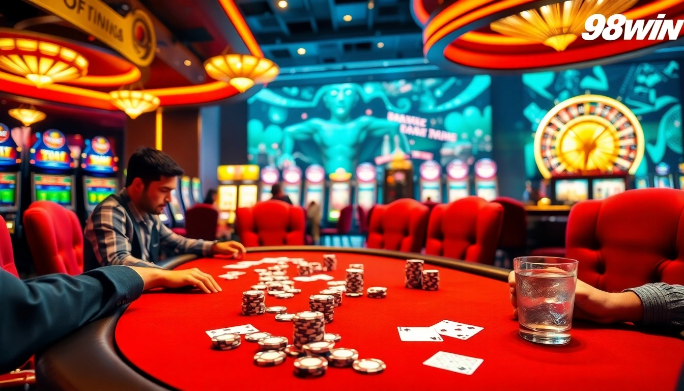 Experience the excitement of 98win with a high-stakes poker showdown amidst vibrant casino action.