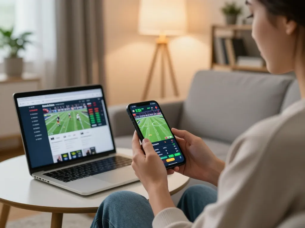 Engaging with Nhà cái V9BET through mobile sports betting in a modern living room.