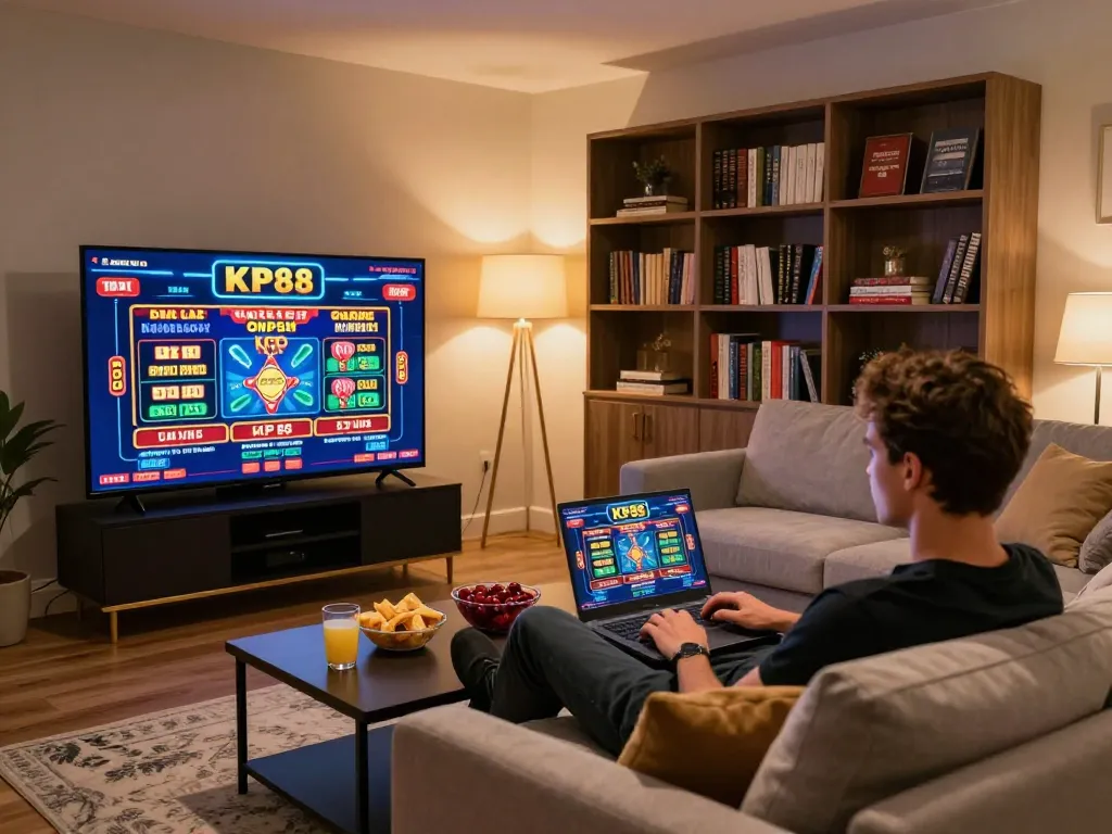 Person playing at KP88 online casino from a cozy home setting, showing gaming interface and snacks.