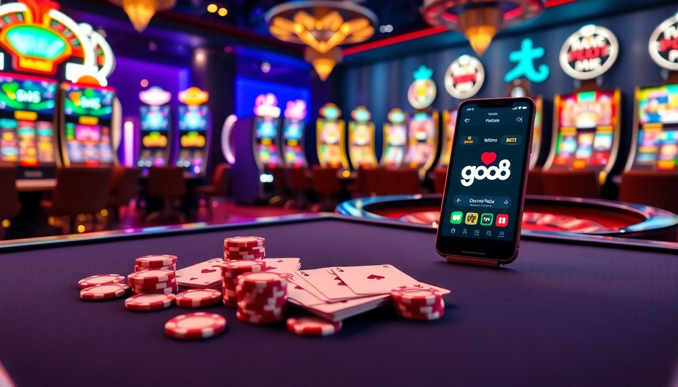 A dynamic gambling scene with go8 app showcased on a smartphone, elegant cards, and casino chips on display.