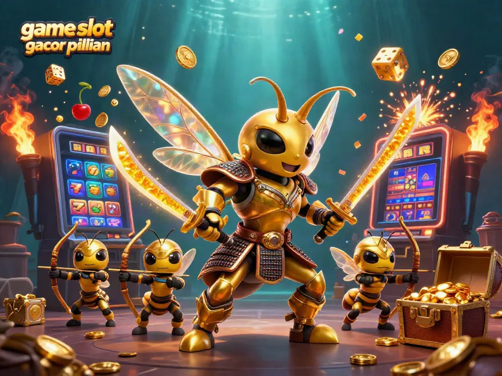 Pemandangan menakjubkan permainan game slot gacor pilihan dengan simbol jackpot dan karakter unik dalam ilustrasi 3D.