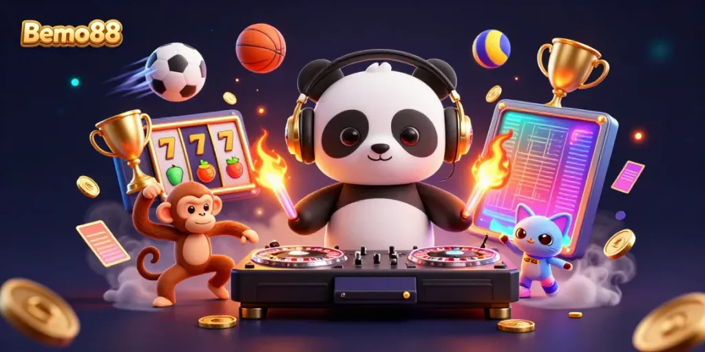 Experience the thrilling world of Bemo88 with dynamic 3D cartoon characters and casino elements spinning in excitement.