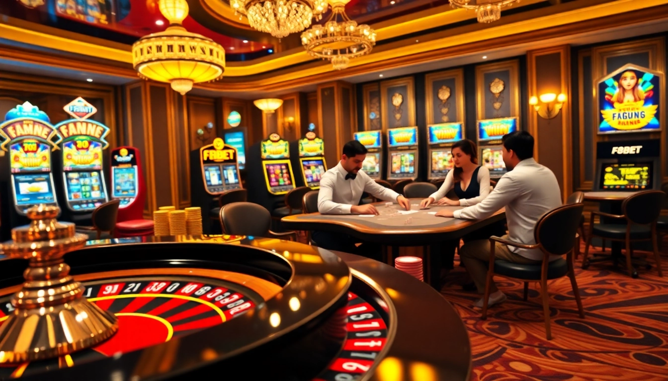 Experience F8BET excellence in a vibrant casino scene with poker, roulette, and slot excitement.