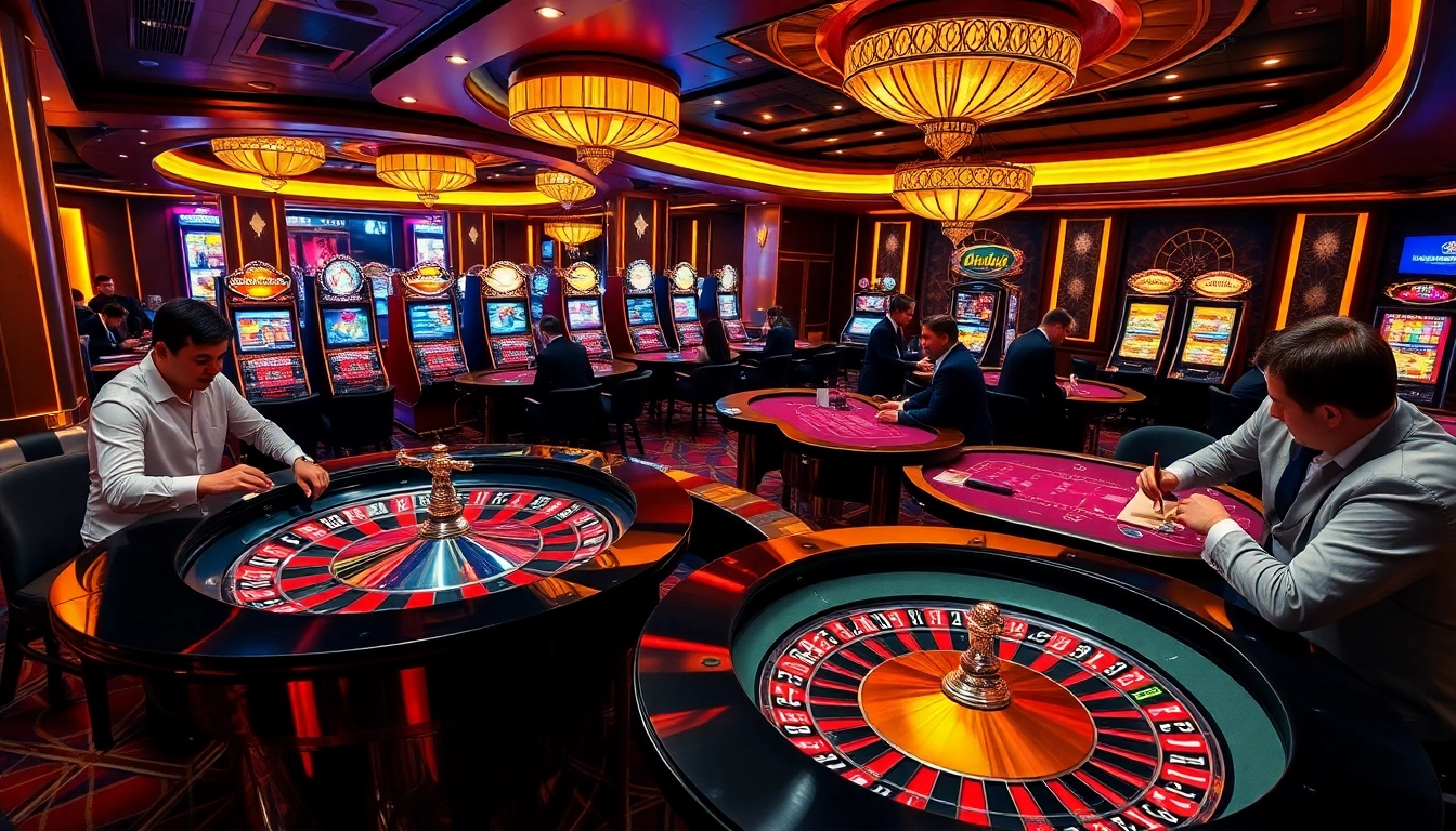 Experience the thrill of online gambling at af88.com with an elegant casino scene showcasing players enjoying blackjack and roulette.