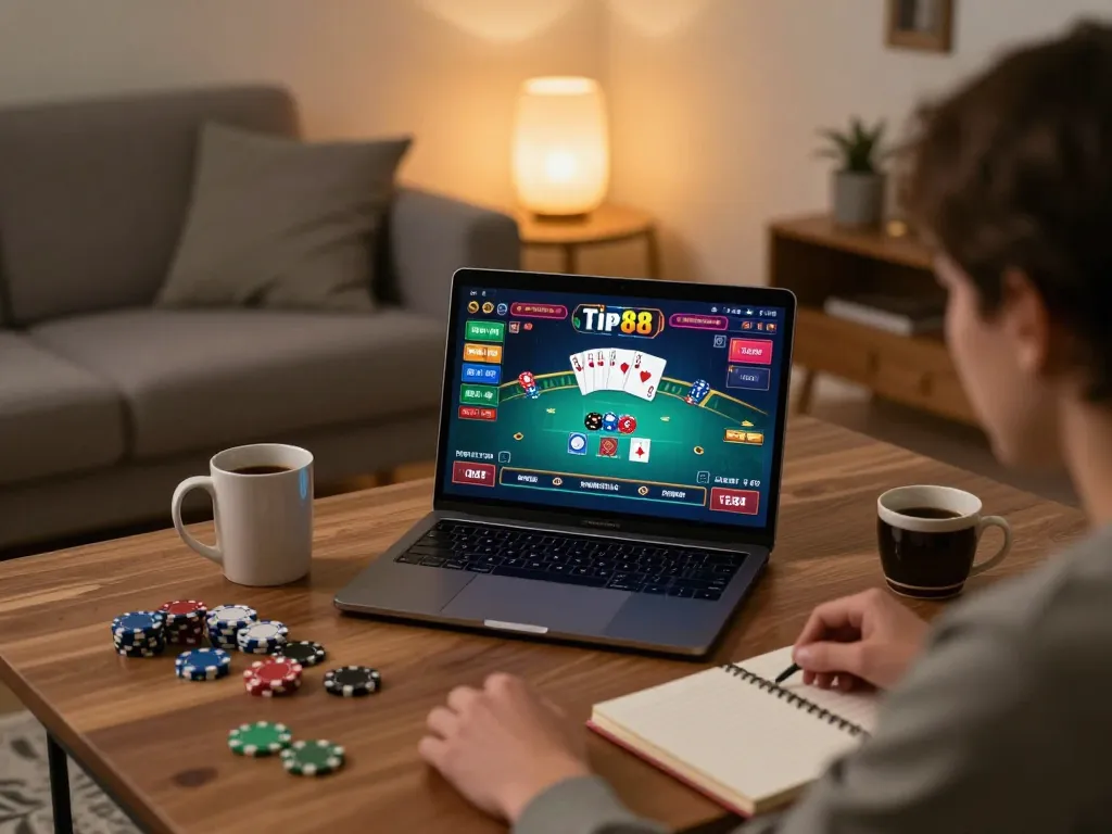 Player engaging with tip88 online casino on laptop in a cozy home setting, showcasing immersive gaming.