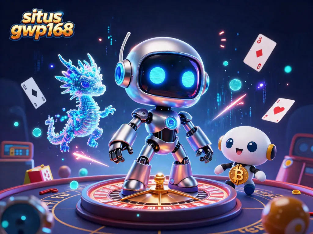Meja kasino dengan permainan baccarat dan kartu serta robot maskot futuristik di situs gwp168
