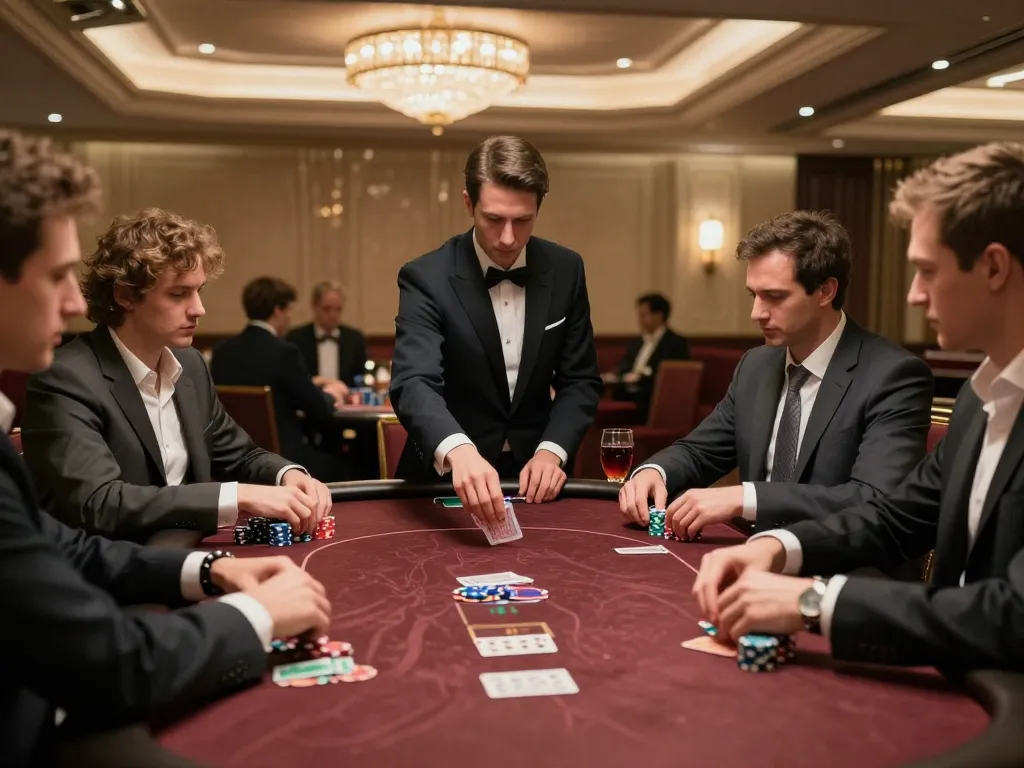 Players engaging in a high-stakes poker game at a luxurious casino fabet table with expert dealer