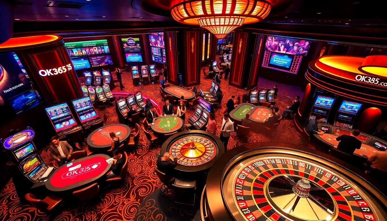 Experience the excitement of ok365 com at a lively casino, featuring poker tables, roulette, and slot machines.