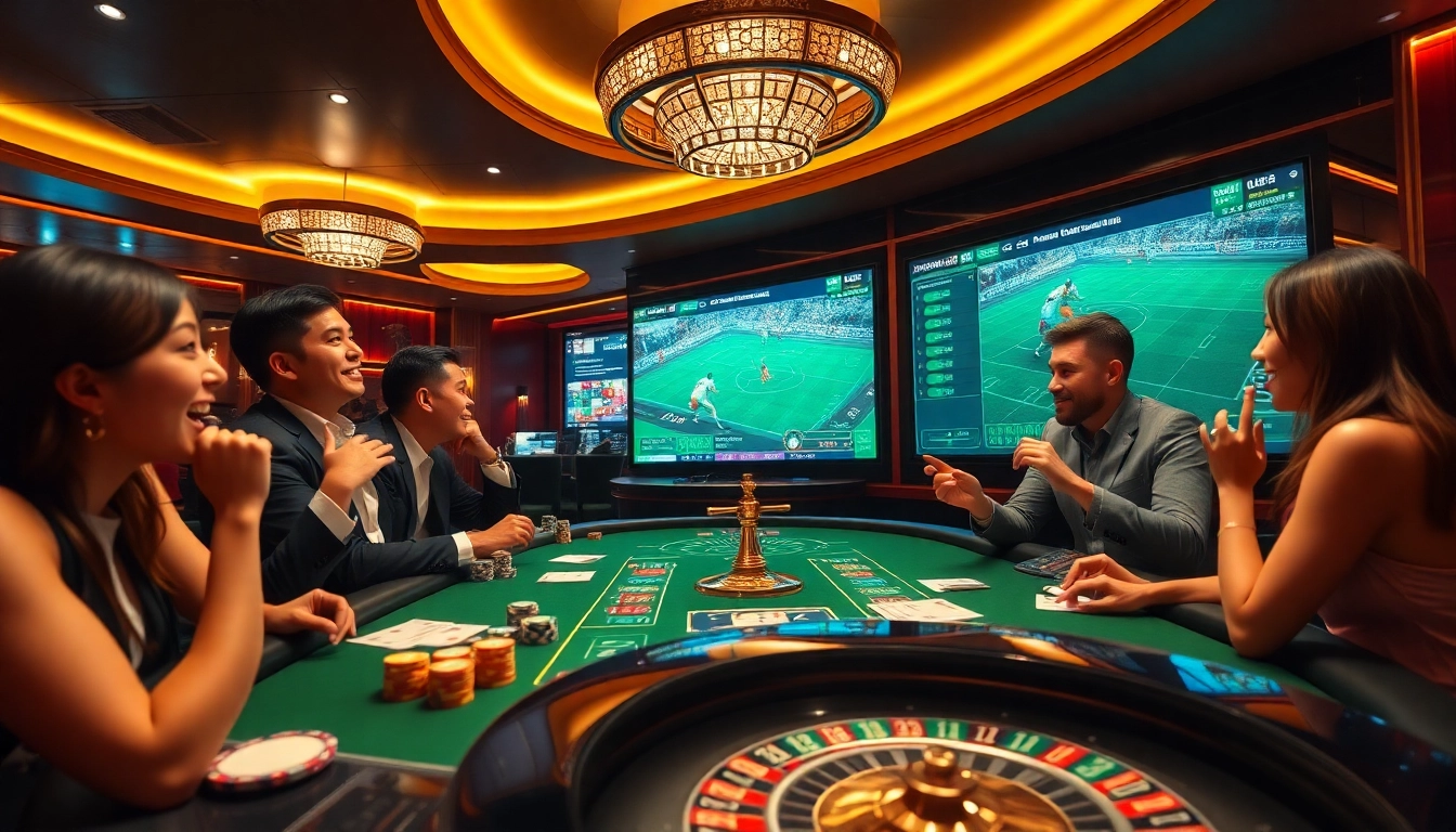 Dynamic gambling scene showcasing kèo nhà cái betting, vibrant atmosphere with excited gamblers.