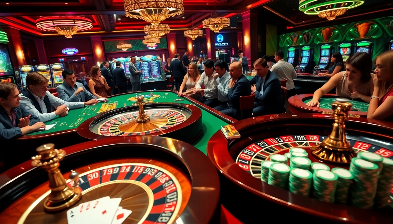 Excited gamblers celebrating a win at the Vaoluoitv luxury casino with roulette and poker elements.