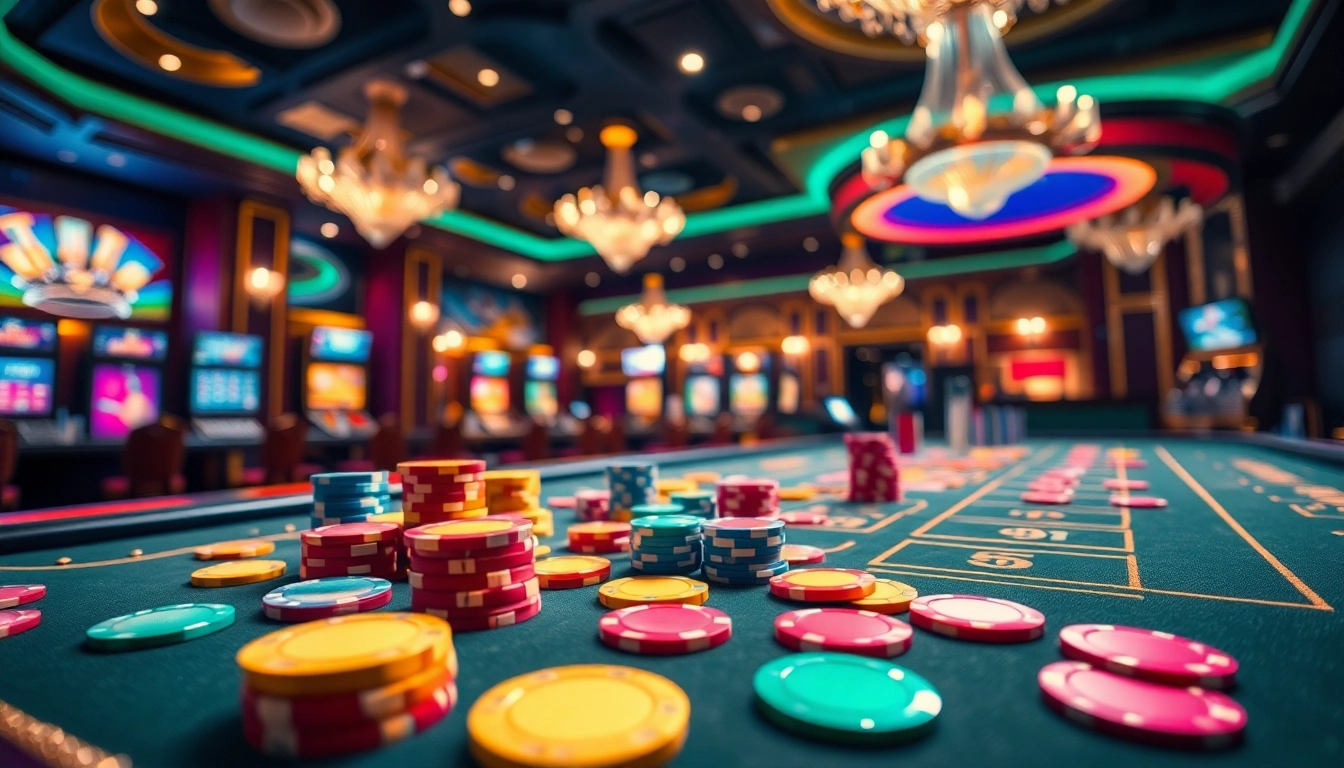優塔娛樂城中激動人心的賭場場景，充滿色彩的賭注和撲克牌。