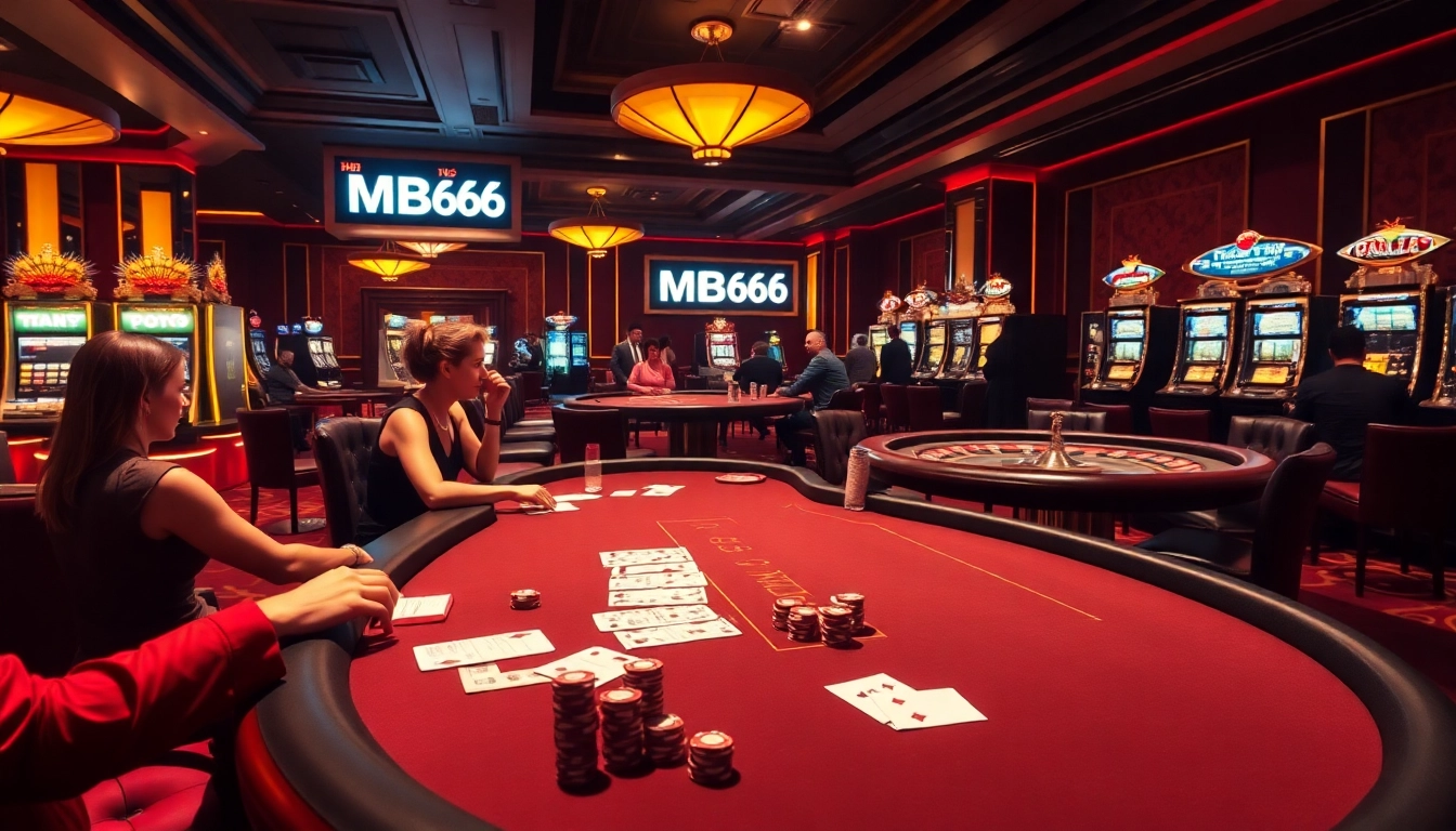 Enjoying high-stakes games at MB66 casino, featuring poker tables, chips, and vibrant slot machines.