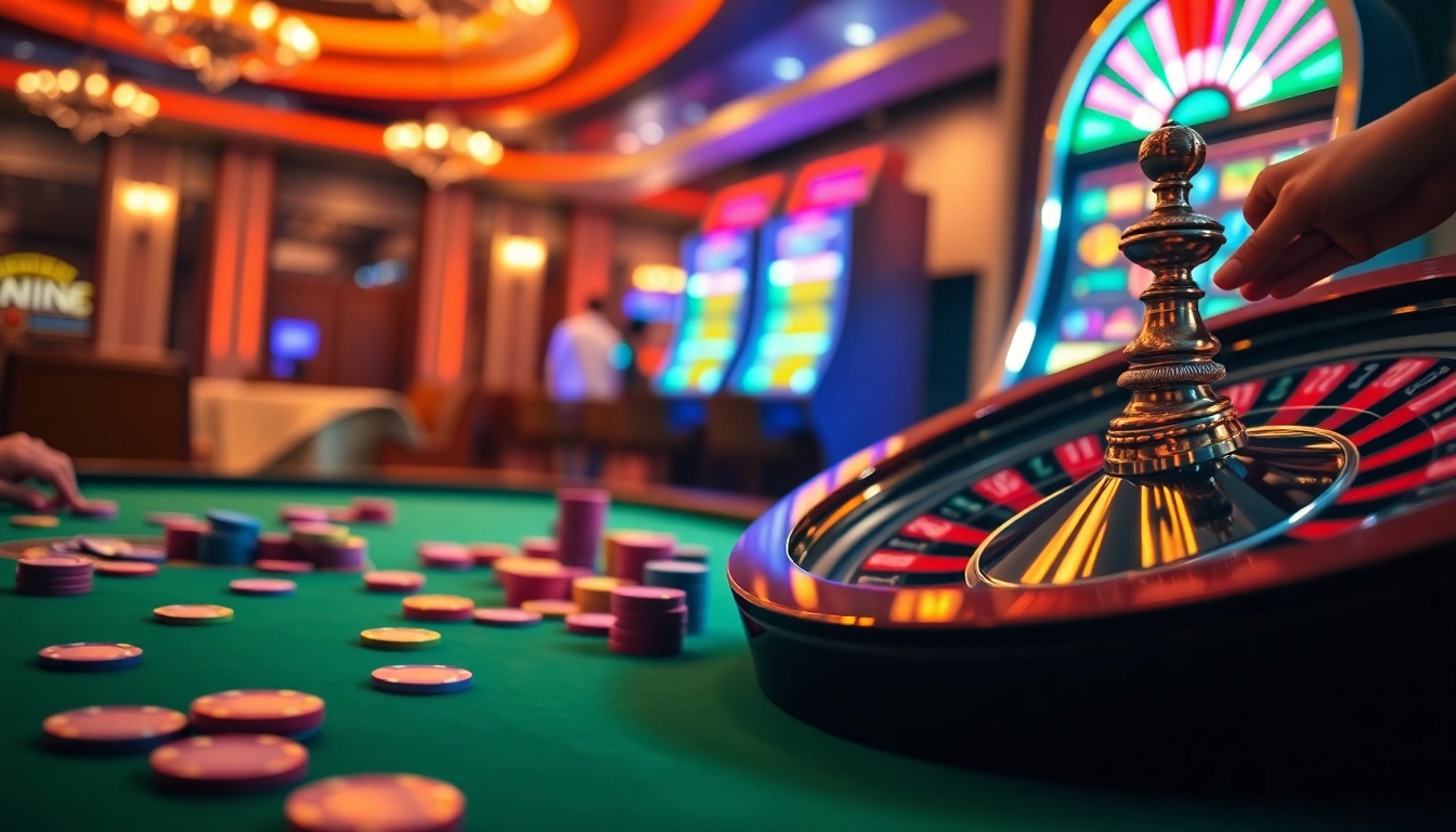 Exciting casino gaming scene featuring เว็บตรง bk8 poker table and roulette wheel.