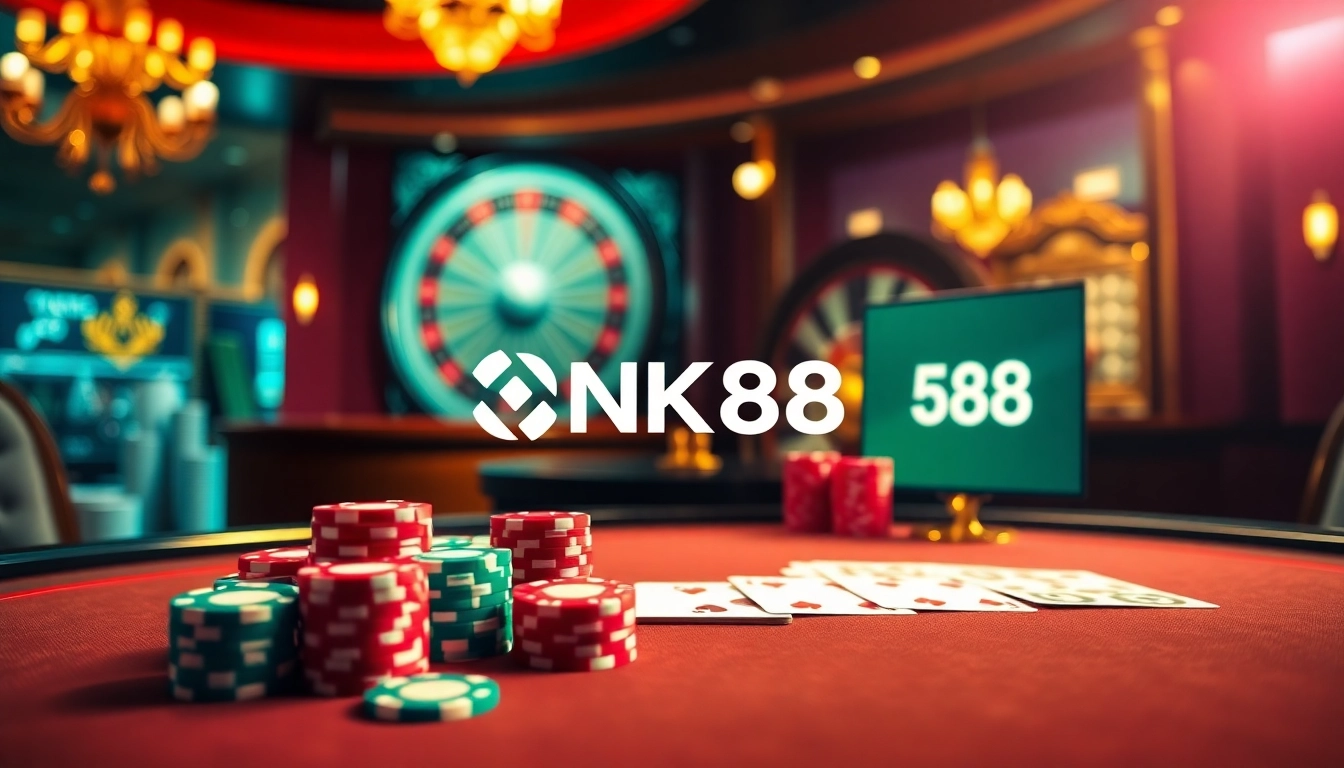 NK88 logo showcased on a vibrant casino table set with colorful poker chips and cards, evoking luxury.