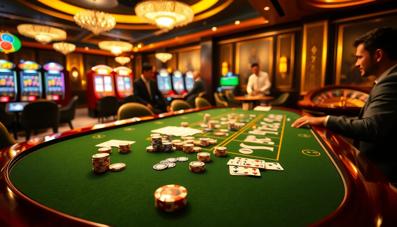 Experience the thrill of 68 game bài with vibrant gaming chips and cards at a luxurious casino table.