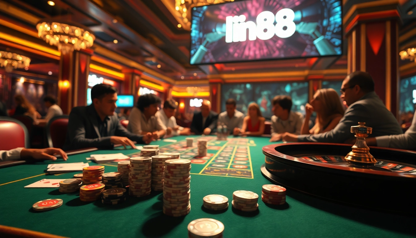 Players engaged in excitement at a casino table featuring the link w88 logo for online gambling.