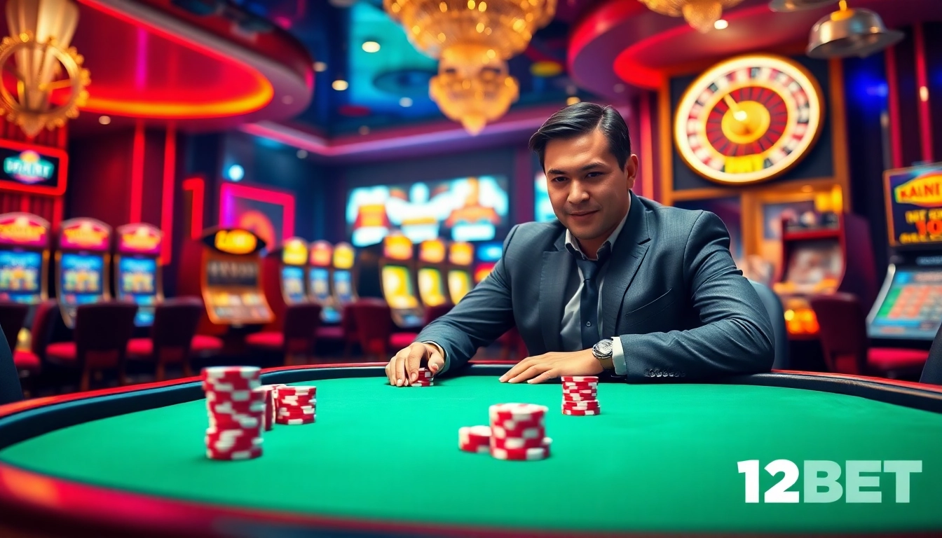 Experience the excitement of 12BET at a luxurious poker table surrounded by vibrant slot machines and roulette!