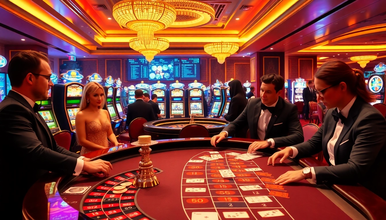 Exciting scene at NEO79 with players gambling at tables and vibrant slot machines.