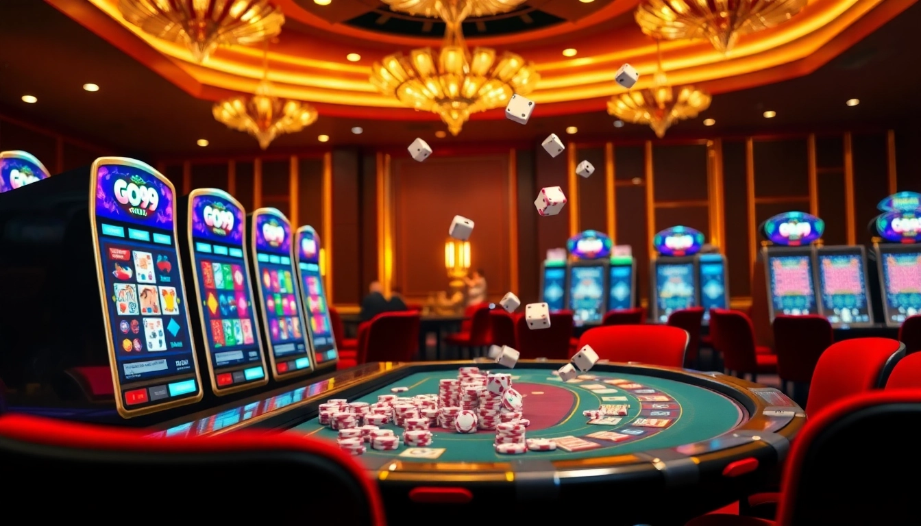 Experience the thrill of GO99 gaming with players enjoying vibrant slot machines and poker chips.