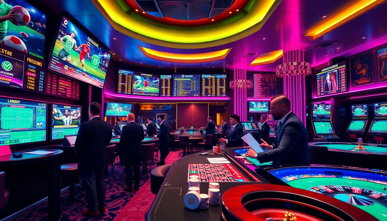 Experience thrilling แทงบอล action in a luxurious sportsbook with real-time betting displays and vibrant atmosphere.