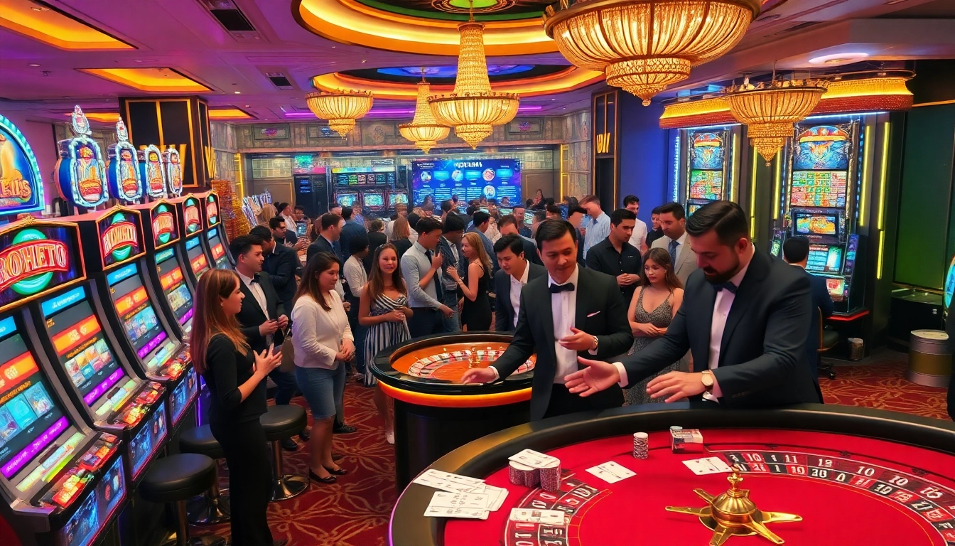 Experience the thrill of gambling at NOHU90 with vibrant casino visuals, players, and dealers.