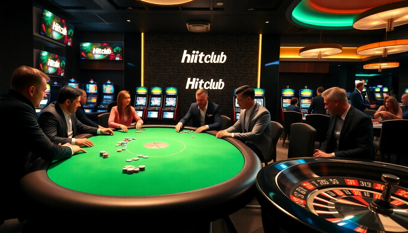 Hit club players strategizing over a vibrant poker table in a luxurious casino scene