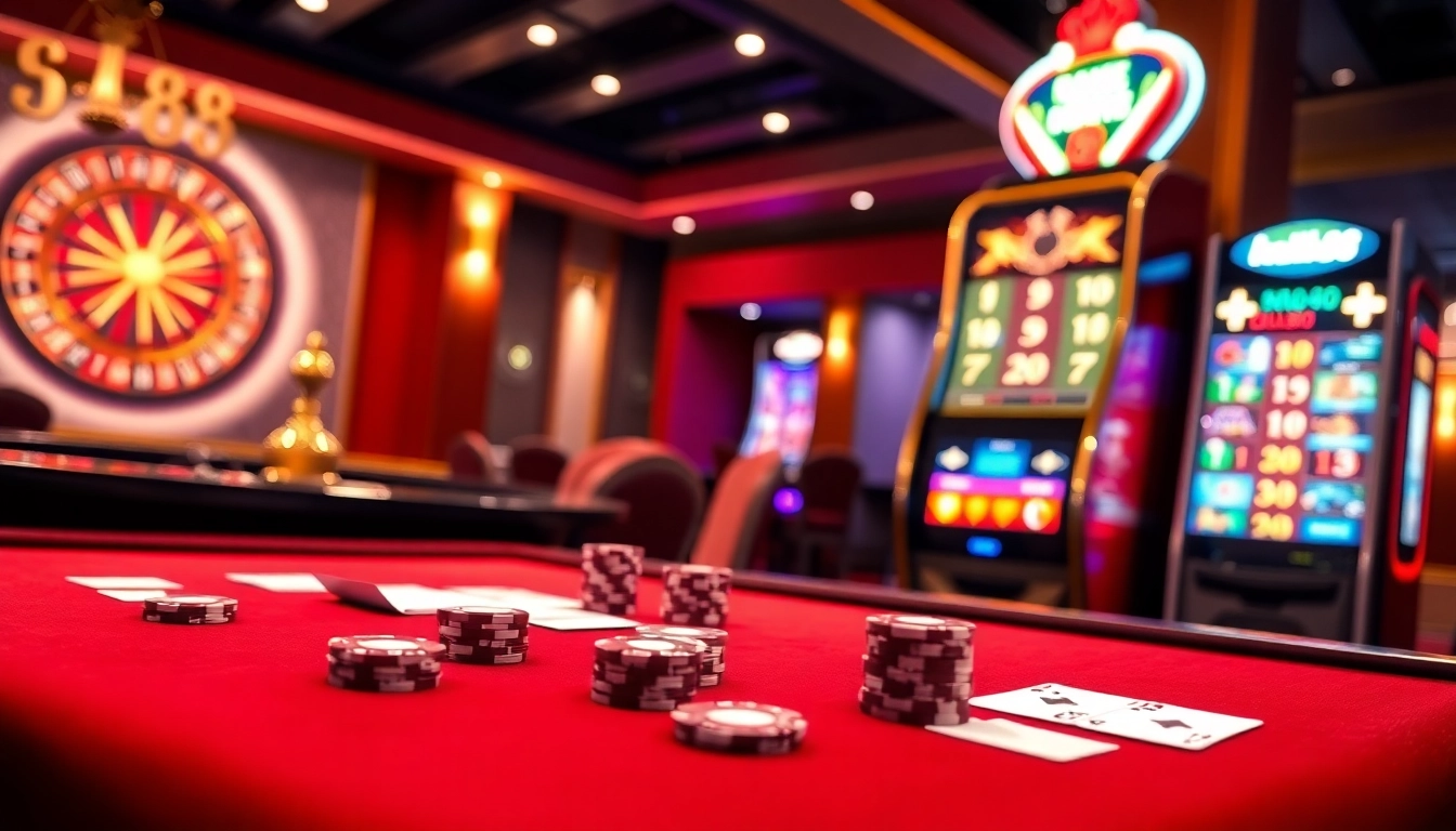 Experience thrilling gaming at hello88 with vibrant poker chips and roulette table.