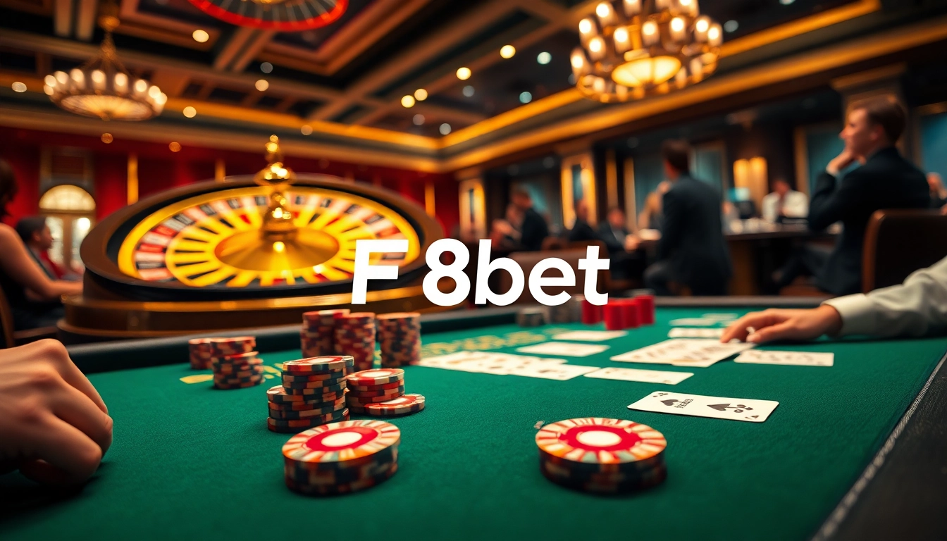 Experience thrilling gaming excitement with F8bet's elegant poker setup and vibrant casino atmosphere.
