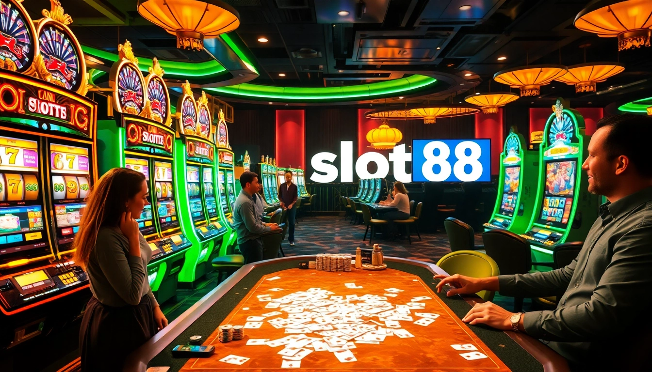 Visualize gamblers experiencing the excitement of slot88 machines and online casino games.