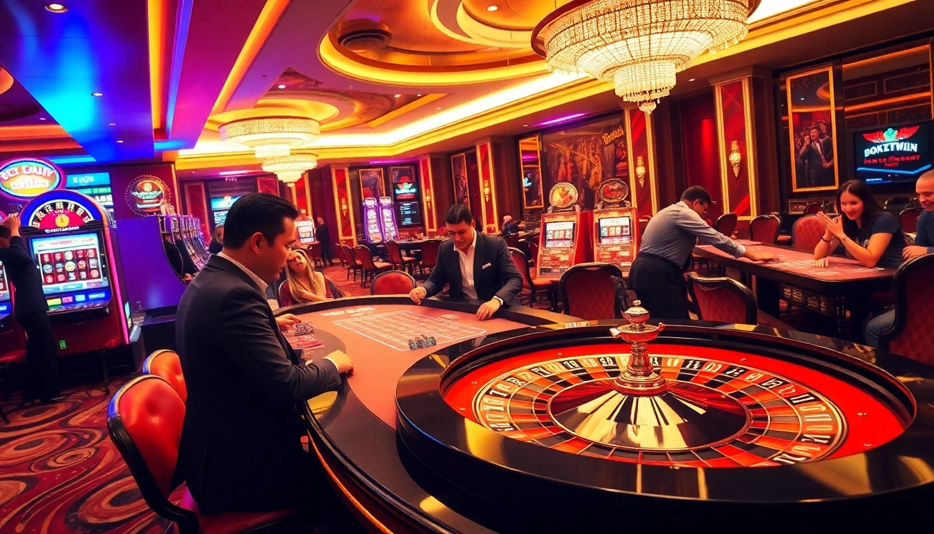 Exciting gaming experience at bomwin1.it.com with players at roulette and slot machines.