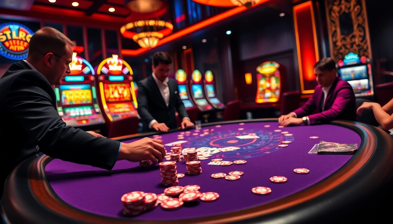 SBOBET poker players engage in an intense game at a luxurious casino table with vibrant chips and cards.