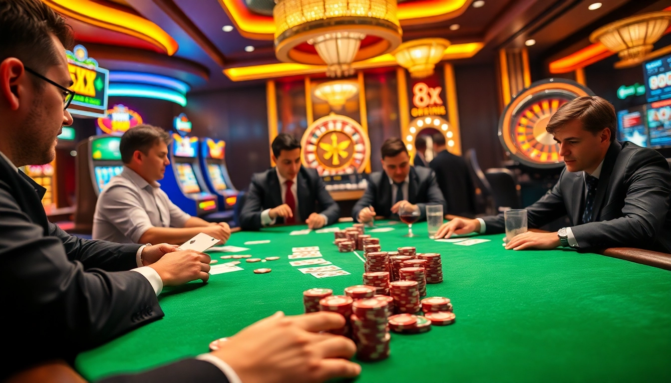 Players strategizing at an exciting 8xx poker table in a luxury casino environment.