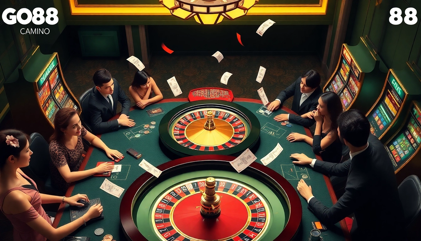 Players enjoying thrilling games at Cổng Game GO88, featuring vibrant casino visuals and live betting action.